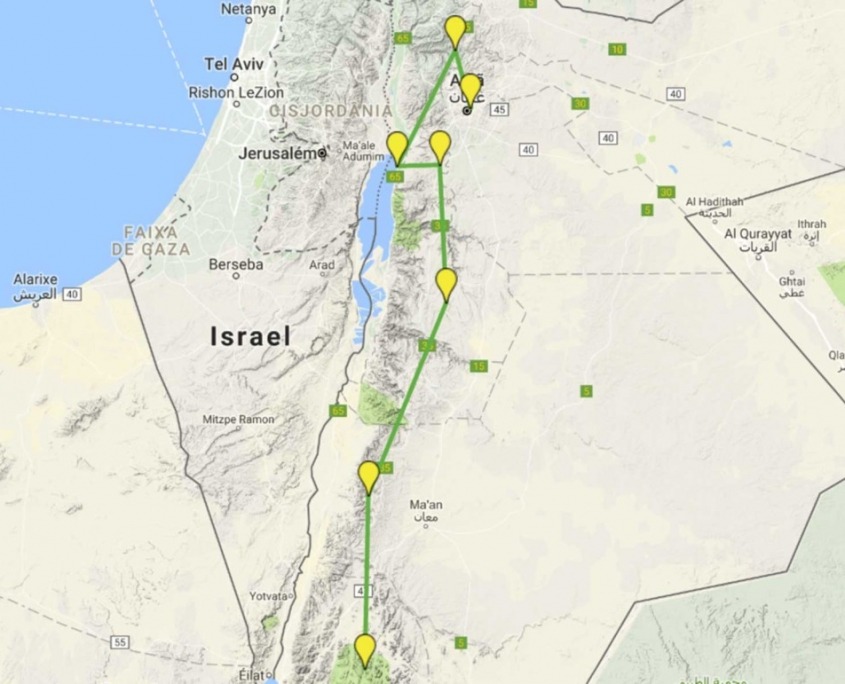 Mapa do Egito, Israel, Cisjordânia e Jordânia e a estrada do Rei